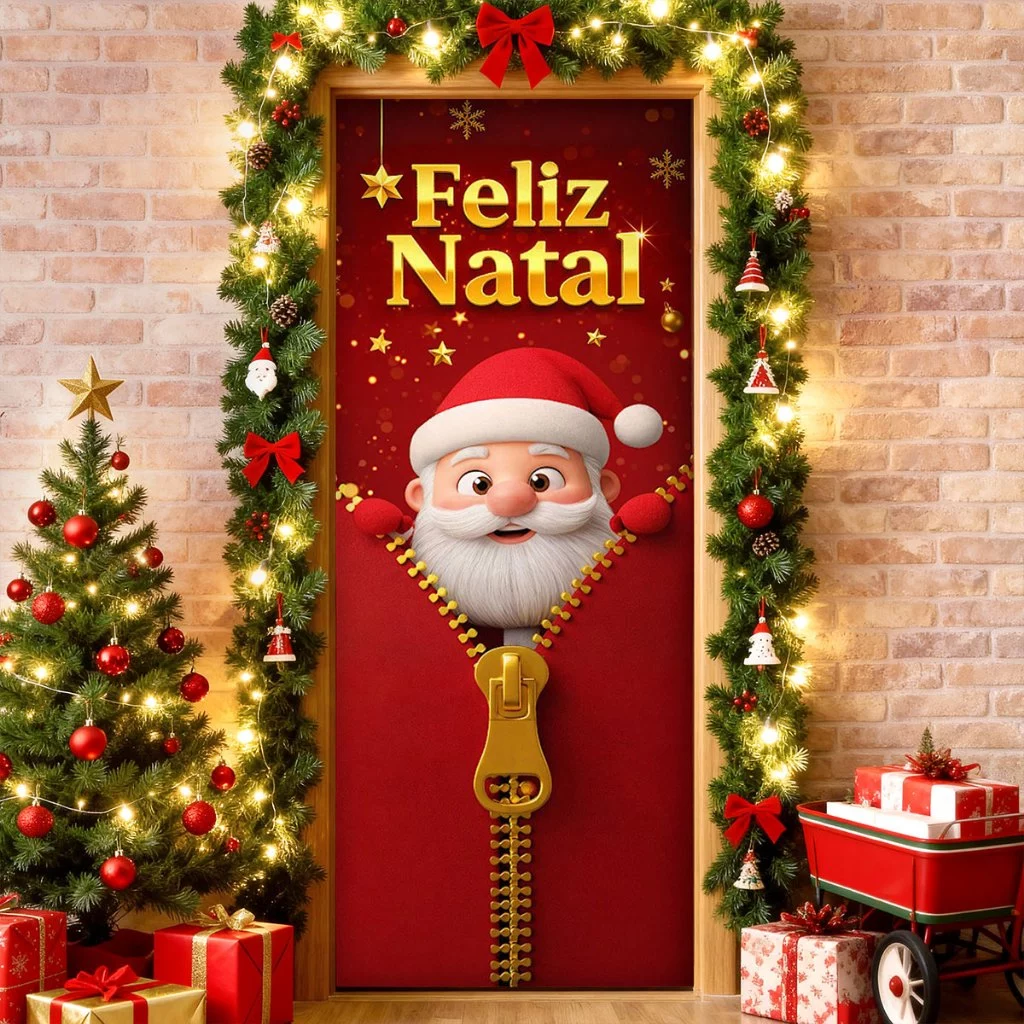 Capa de Porta Decoração Natal Em Tecido Sublimado Retangular Veste Porta C/Elástico